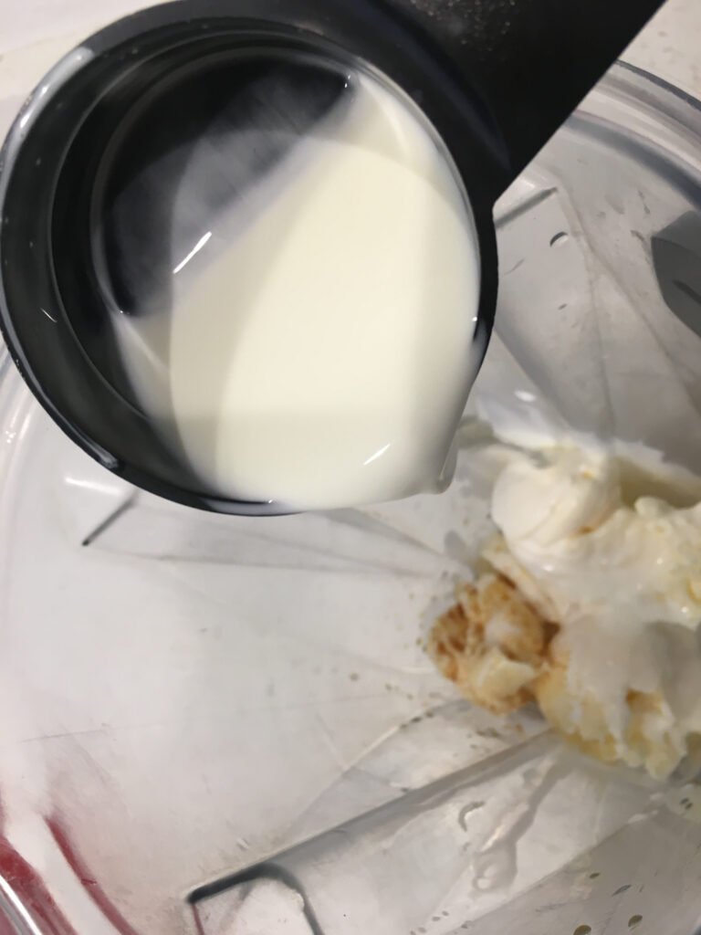 Then pour in the milk.